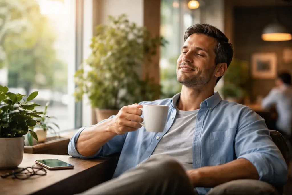 En mann sitter rolig ved et kafébord med en kaffekopp i hånden og lukkede øyne, med mobiltelefon og briller liggende på bordet foran ham.