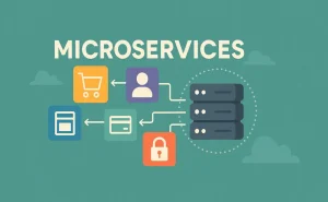 Illustrasjon som viser konseptet microservices, med flere fargede ikoner for handlekurv, bruker, betaling og sikkerhet koblet til en server via linjer – symboliserer hvordan små, uavhengige tjenester samarbeider i et større system.