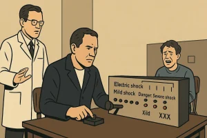 Illustrasjon inspirert av Stanley Milgrams lydighetseksperiment fra 1961. En person sitter foran et kontrollpanel med brytere merket fra «Mild shock» til «Danger: Severe shock», mens en forsker i hvit frakk står bak og instruerer rolig. Stemningen er alvorlig og dempet, med lys og skygge som understreker spenningen mellom lydighet og samvittighet.