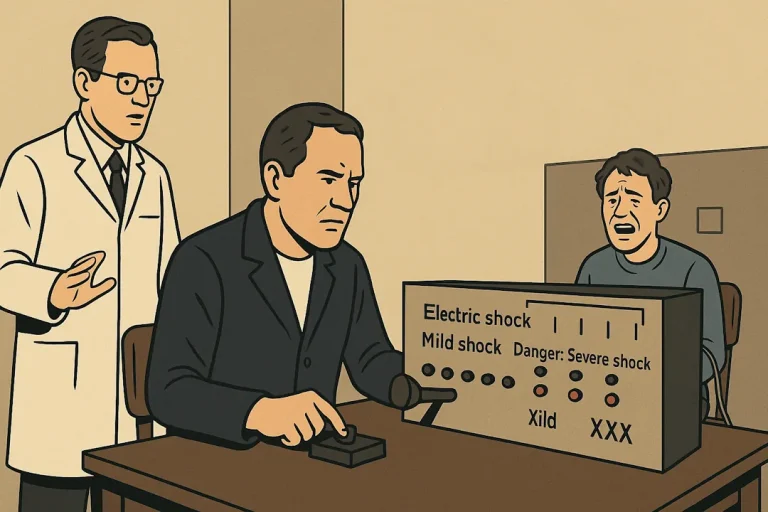 Illustrasjon inspirert av Stanley Milgrams lydighetseksperiment fra 1961. En person sitter foran et kontrollpanel med brytere merket fra «Mild shock» til «Danger: Severe shock», mens en forsker i hvit frakk står bak og instruerer rolig. Stemningen er alvorlig og dempet, med lys og skygge som understreker spenningen mellom lydighet og samvittighet.