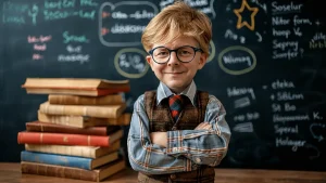 Et klassisk skolebilde av en liten nerd, komplett med bøker, tavle og store briller, men med mitt voksne ansikt face-swappet inn. Et humoristisk bilde på at nysgjerrigheten, refleksjonene og trangen til å forstå hvordan ting henger sammen startet tidlig, og egentlig aldri har gått over.