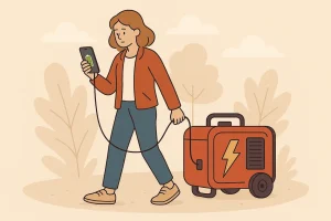 Illustrasjon av en person som går ute mens hun ser på mobilen, med en oransje bærbar generator koblet til telefonen med en ledning. Bildet symboliserer hvordan moderne telefoner krever mer strøm til tross for avansert teknologi.