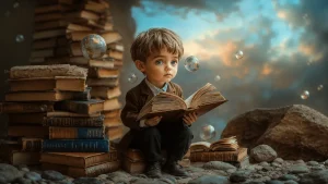 A child reading among stacks of old books and floating globes, representing learning, knowledge, education, personal growth, curiosity, and the pursuit of new perspectives.
