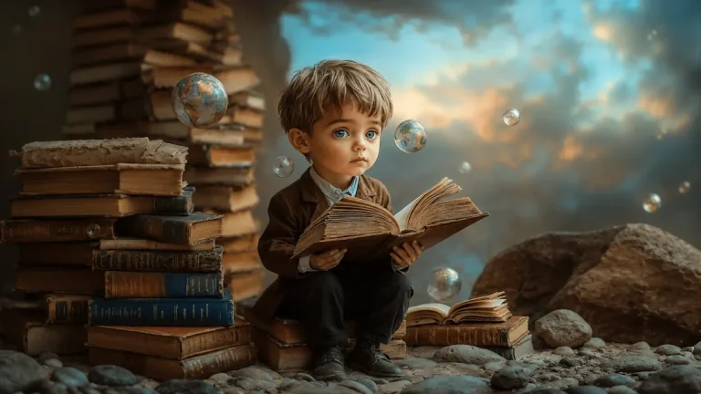 A child reading among stacks of old books and floating globes, representing learning, knowledge, education, personal growth, curiosity, and the pursuit of new perspectives.