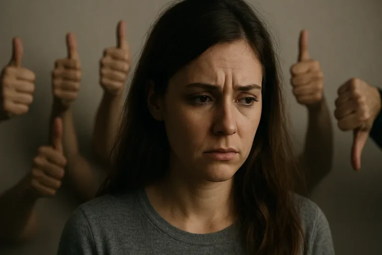 En ung kvinne ser ned med et alvorlig uttrykk, mens uklare tomler i bakgrunnen viser både opp og ned – et visuelt bilde på hvordan negative opplevelser ofte overskygger de positive.