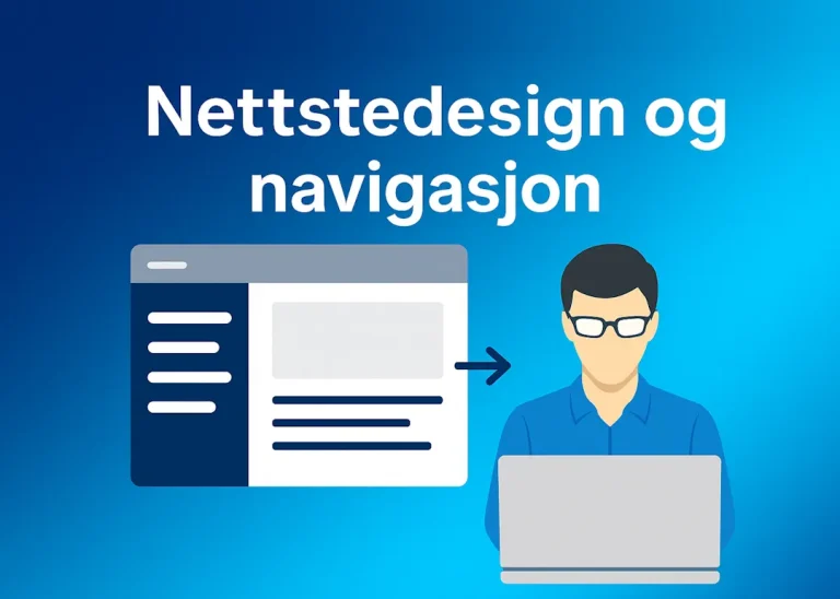 Illustrasjon av en person som jobber foran en bærbar datamaskin med teksten «Nettstedesign og navigasjon» over, og et stilisert nettsted med meny til venstre ved siden av – symboliserer struktur, brukervennlighet og oppbygning av nettsider.