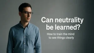 Thoughtful man looking to the side beside the headline 'Can neutrality be learned?' with the subtitle 'How to train the ability to see clearly' on a clean minimalist background.
