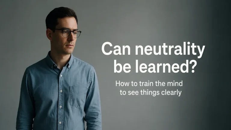 Thoughtful man looking to the side beside the headline 'Can neutrality be learned?' with the subtitle 'How to train the ability to see clearly' on a clean minimalist background.