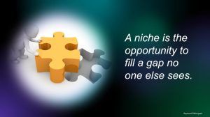 Illustration of a human-like figure placing a large yellow puzzle piece into a gap, with the text: “A niche is the opportunity to fill a gap no one else sees.”