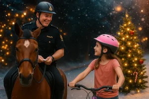 En smilende politimann på hest snakker med en liten jente på sykkel i en vinterlig park. Rundt dem daler snøen stille, og i bakgrunnen står et pyntet juletre opplyst av varme lys som skaper en stemningsfull og koselig julestemning.