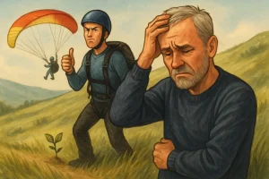 Illustrasjon av en frustrert mann i en bakke mens en paragliderpilot gir tommel opp i bakgrunnen.