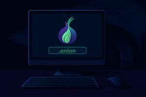 Illustrasjon i mørke fargetoner som viser en datamaskin med skjerm, tastatur og mus. På skjermen vises et symbol av en lilla og grønn løk, som representerer Tor-nettleseren, med teksten .onion under. Bildet symboliserer tilgang til Dark Web.