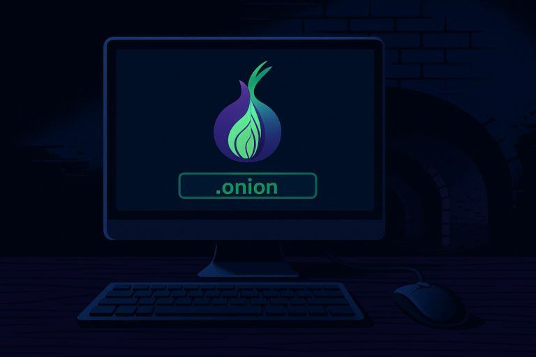 Illustrasjon i mørke fargetoner som viser en datamaskin med skjerm, tastatur og mus. På skjermen vises et symbol av en lilla og grønn løk, som representerer Tor-nettleseren, med teksten .onion under. Bildet symboliserer tilgang til Dark Web.