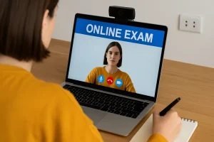 En student sitter ved et skrivebord foran en laptop under en overvåket hjemmeeksamen. På skjermen vises et videobilde av studenten med teksten «ONLINE EXAM», og et webkamera er plassert på toppen av skjermen. Studenten skriver notater med penn i en notatblokk.