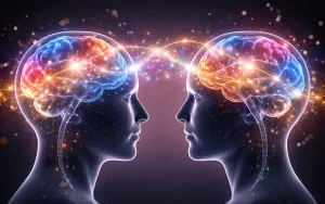 To menneskelige silhuetter sett i profil står vendt mot hverandre. Hjernen i begge hodene lyser i sterke farger som blått, rosa og oransje, og lysende linjer og gnister forbinder dem, som et symbol på åpenhet, dialog og tankeutveksling.