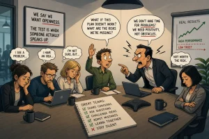 Cartoon-style illustration of a tense office meeting where one employee raises a concern while others stay silent and a manager reacts negatively, illustrating lack of psychological safety in teams.