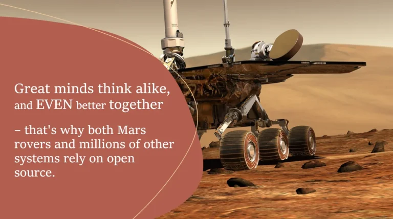Mars-roveren på den røde planetens overflate med teksten: 'Great minds think alike, and EVEN better together – that's why both Mars rovers and millions of other systems rely on open source.' Teksten fremhever samarbeidskraften og bruken av open source-teknologi.