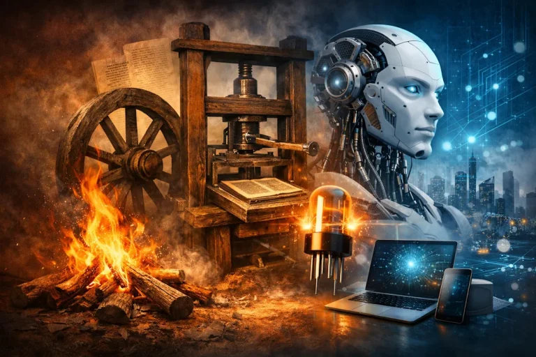 Utviklingen av store oppfinnelser i historien, fra ild og hjulet til trykkpressen, transistoren og kunstig intelligens.