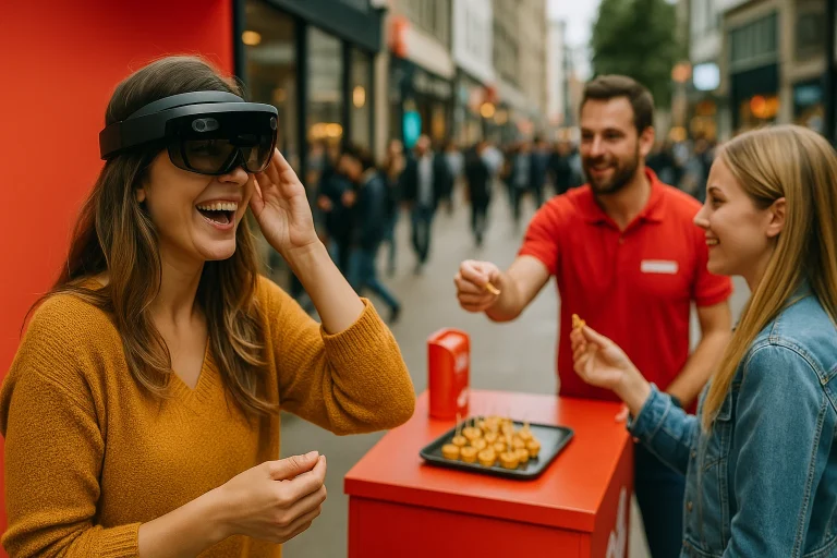 Smilende kvinne prøver et par AR- eller VR-briller under en gateaktivitet, mens en mann i rød skjorte deler ut smaksprøver til en annen kvinne. De står ved et rødmontert bord med snacks, og stemningen er livlig og nysgjerrig i en travel handlegate.