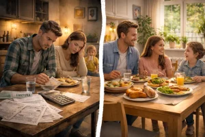 Illustrasjon av forskjellen mellom økonomisk stress og livskvalitet, med en familie preget av bekymring og regninger på den ene siden og en trygg og harmonisk hverdag på den andre.