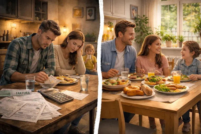 Illustrasjon av forskjellen mellom økonomisk stress og livskvalitet, med en familie preget av bekymring og regninger på den ene siden og en trygg og harmonisk hverdag på den andre.
