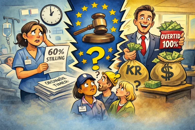 Karikaturtegning som viser kontrasten mellom deltidsansatt i helsevesenet og fulltidsansatt som får overtidsbetaling, med EU-symbolikk i midten som illustrerer debatten om overtidsbetaling fra første time over stillingsprosent.