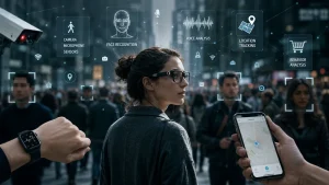 Person med AI-briller i en travel bygate omgitt av digitale analysefelt, ansiktsgjenkjenning og sporingsdata som illustrerer moderne overvåkning, kunstig intelligens og usynlig datainnsamling i hverdagen.