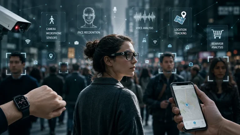 Person med AI-briller i en travel bygate omgitt av digitale analysefelt, ansiktsgjenkjenning og sporingsdata som illustrerer moderne overvåkning, kunstig intelligens og usynlig datainnsamling i hverdagen.
