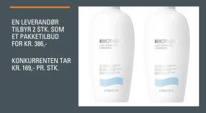 Grafisk sammenligning av pris på Biotherm Lait Corporel body lotion. Til venstre vises en tekstboks med grå bakgrunn hvor det står at en leverandør tilbyr 2 stk. for kr. 386,-, mens en konkurrent tar kr. 169,- per stk. Til høyre vises to hvite Biotherm-flasker med blå detaljer på hvit bakgrunn.