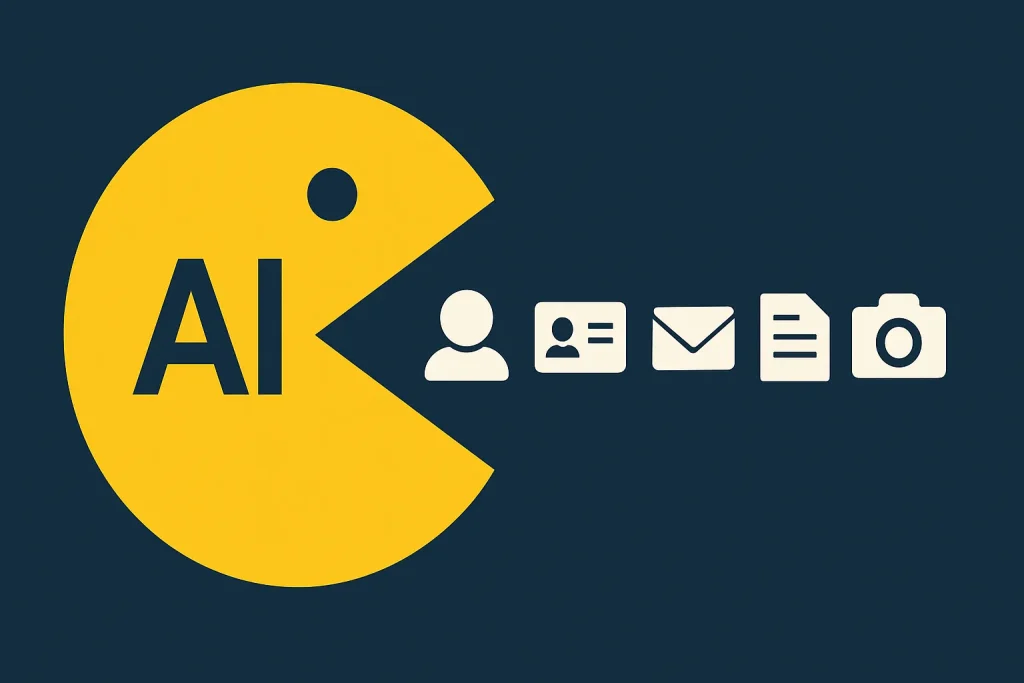 Illustrasjon av en gul Pac-Man-lignende AI-figur som spiser ikoner for persondata, som e-post, dokumenter og profilbilder, mot en mørk bakgrunn – et symbol på hvordan kunstig intelligens samler inn og bruker data fra brukere.