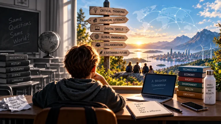 Elev sitter ved et klasseromsbord mellom tradisjonell undervisning og en mer moderne, tverrfaglig skolehverdag med teknologi, kritisk tenkning, økonomi, samarbeid og globale perspektiver.
