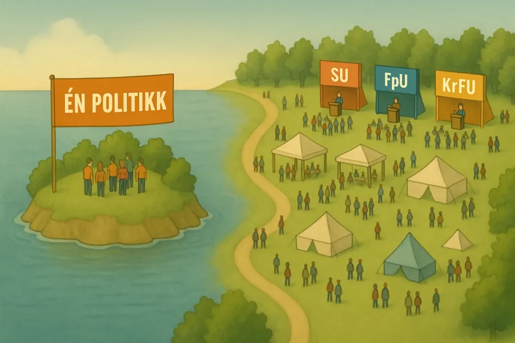 En symbolsk illustrasjon som viser kontrasten mellom ensidig og mangfoldig politisk påvirkning. Til venstre står en liten gruppe ungdommer samlet på en øy under et stort banner med teksten «Én politikk». Til høyre, på fastlandet, er det et åpent festivalområde med flere scener merket SU, FpU og KrFU, omgitt av telt, boder og mange ungdommer som beveger seg fritt mellom dem.