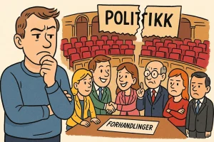 Tegneserieaktig illustrasjon av en mann som står tenkende foran en forsamling av politikere i forhandlinger. På bordet står skiltet 'Forhandlinger', mens ordet 'Politikk' henger revet i to over salen. Noen av politikerne smiler og håndhilser, mens andre ser misfornøyde ut.