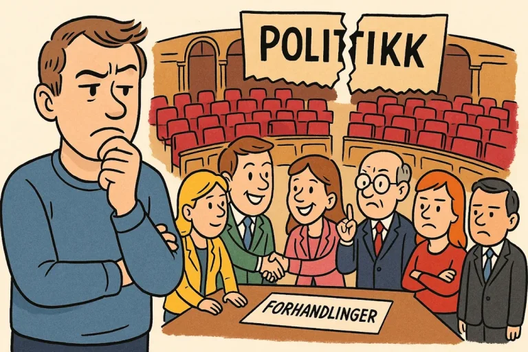 Tegneserieaktig illustrasjon av en mann som står tenkende foran en forsamling av politikere i forhandlinger. På bordet står skiltet 'Forhandlinger', mens ordet 'Politikk' henger revet i to over salen. Noen av politikerne smiler og håndhilser, mens andre ser misfornøyde ut.