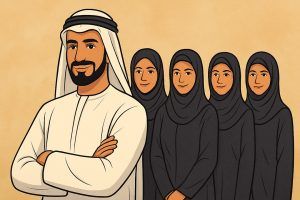 Illustrasjon av en selvsikker arabisk mann i tradisjonell hvit klesdrakt som står foran fire kvinner i svarte abayaer og hijab. Kvinnene står i rekke bak ham med milde uttrykk, mot en varm beige bakgrunn. Bildet symboliserer støtte og struktur rundt en suksessfull mann.