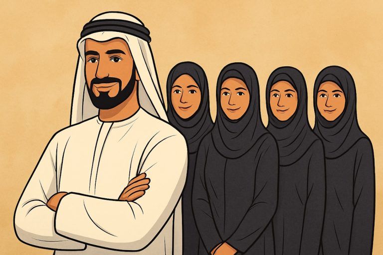 Illustrasjon av en selvsikker arabisk mann i tradisjonell hvit klesdrakt som står foran fire kvinner i svarte abayaer og hijab. Kvinnene står i rekke bak ham med milde uttrykk, mot en varm beige bakgrunn. Bildet symboliserer støtte og struktur rundt en suksessfull mann.