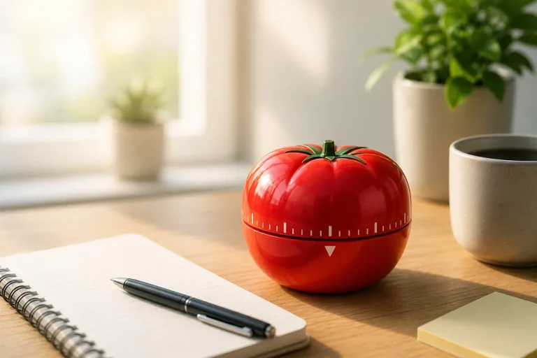 Et ryddig skrivebord i varmt dagslys med en rød tomatformet kjøkkentimer i fokus, en notatbok med penn ved siden av, en kaffekopp og grønne planter i bakgrunnen som skaper en rolig og fokusert arbeidsstemning.