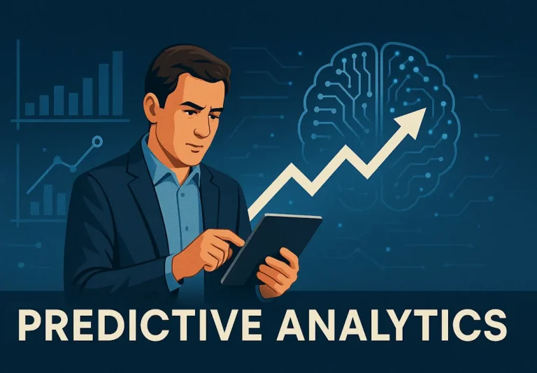 Illustrasjon av en mann med nettbrett omgitt av grafer, hjerne-ikon og piler som symboliserer vekst, med teksten 'Predictive Analytics'