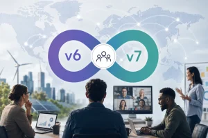 Illustrasjon av overgangen fra PRINCE2 v6 til v7 med et uendelighetssymbol i lilla og turkis foran et internasjonalt arbeidsmiljø. Bildet viser hybride teammøter, digitale samarbeidsverktøy, bærekraftige elementer og global samhandling som symboliserer moderne prosjektstyring, fleksibilitet og menneskefokus.
