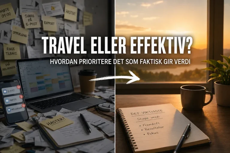 Illustrasjon som viser forskjellen mellom å være travel og effektiv. Venstre side viser et kaotisk arbeidsbord med e-poster, møter, lapper og varsler, mens høyre side viser et ryddig og rolig arbeidsmiljø med fokus på fremdrift, verdi og prioritering. Teksten «Travel eller effektiv?» står i midten.