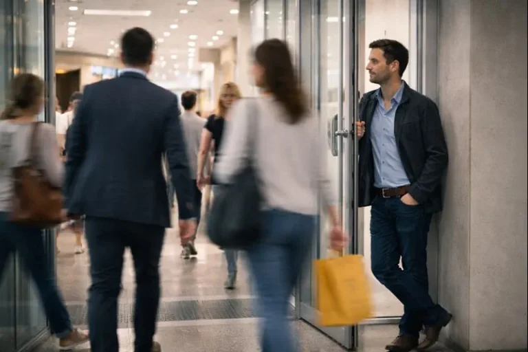 En mann står rolig til side og holder en glassdør åpen i en travel innendørs passasje, mens mennesker i bevegelse passerer forbi. Omgivelsene er moderne og lyse, med tydelig kontrast mellom stillstand og flyt.