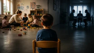 Et barn sitter alene i en barnehage mens andre barn leker med en voksen i bakgrunnen. I en mørkere del av rommet sitter voksne i møte, noe som symboliserer hvordan barn kan bli definert gjennom utfordringene sine i stedet for miljøet rundt dem.