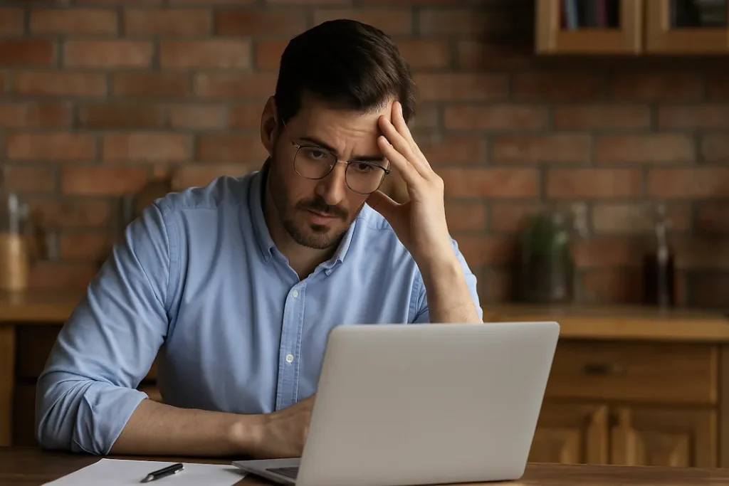 En mann i trettiårene sitter ved et trebord foran en bærbar PC, med hånden støttende mot tinningen mens han ser tenksomt på skjermen. Bak ham skimtes en murvegg og bokhyller i et varmt, dempet lys. Stemningen uttrykker ettertanke og konsentrasjon – som om han vurderer hva som er riktig å si eller gjøre.