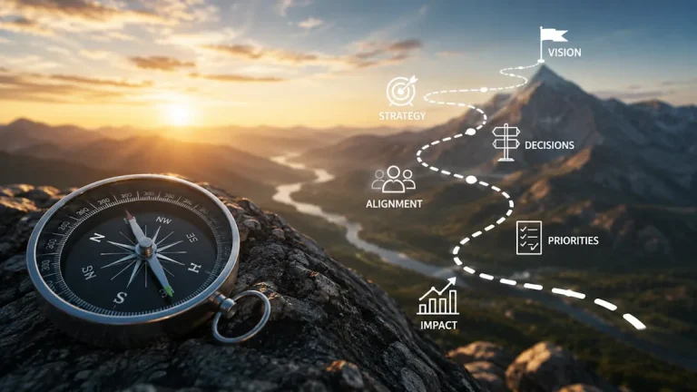 Kompass i forgrunnen med utsikt over et fjellandskap i soloppgang, kombinert med en visuell roadmap som illustrerer sammenhengen mellom visjon, strategi, prioriteringer og beslutninger. Bildet symboliserer hvordan tydelig produktstrategi skaper retning, samhandling og fremdrift i en organisasjon.