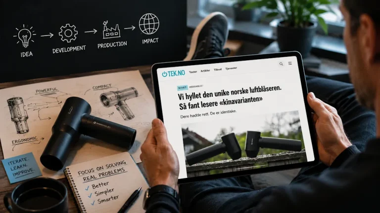 Illustrasjon av en person som sitter med et nettbrett og leser en teknologinyhet om en norsk luftblåser og en kinesisk variant. Rundt personen vises moderne teknologi, elektronikk og produktutvikling i et internasjonalt miljø, med fokus på innovasjon, produksjon og globale teknologitrender.