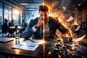 Konseptillustrasjon som viser kontrasten mellom profesjonalitet og ego i arbeidslivet, symbolisert av en rolig og en sint side av samme person.