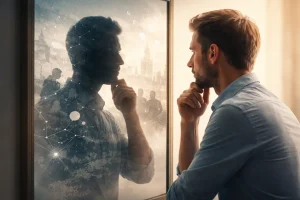 Person ser på sin egen refleksjon i et speil, hvor speilbildet viser en mer kompleks og sammensatt versjon med mennesker, by og mønstre – en visuell illustrasjon av projeksjon og hvordan vi tolker verden gjennom oss selv.