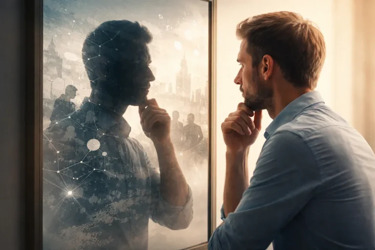 Person ser på sin egen refleksjon i et speil, hvor speilbildet viser en mer kompleks og sammensatt versjon med mennesker, by og mønstre – en visuell illustrasjon av projeksjon og hvordan vi tolker verden gjennom oss selv.