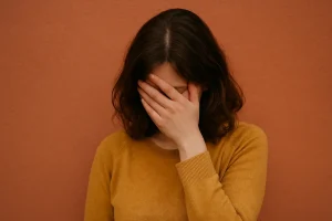 En ung kvinne sitter alene i et mørkt rom med skuldrene trukket opp og hodet delvis skjult bak armen. Lyset faller mykt fra siden og fremhever tårene i ansiktet hennes. Bildet formidler sorg, frykt og sårbarhet, og symboliserer psykisk vold og usynlige sår.