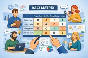 Illustrasjon av RACI-matrisen som viser tydelig rolle- og ansvarsfordeling i et prosjekt, med oppgaver og roller markert som Responsible, Accountable, Consulted og Informed, omgitt av prosjektteam i samarbeid.